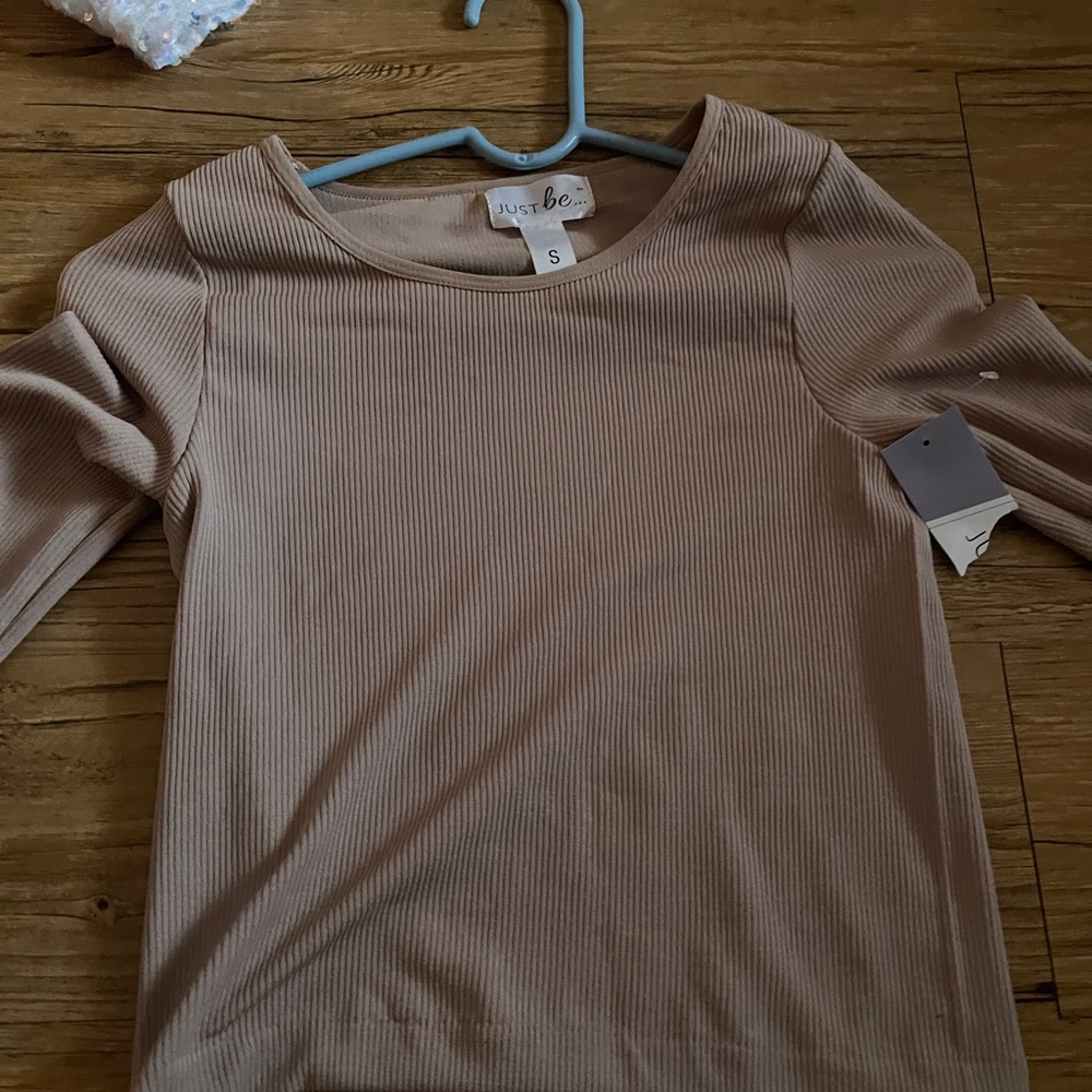 Just Be Ribbed Beige Long Sleeve Top